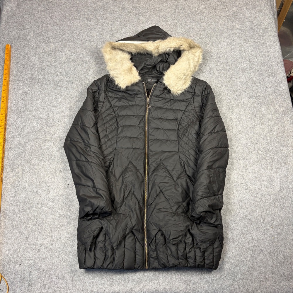 Yifujia Black Puffer Jacket Faux Fur Hood Quilted Mid Length Coat XXL